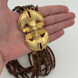 Kenneth Jay Lane Tribal Gold Necklace – Multi-Strand Beads & Bold Totem Clasp